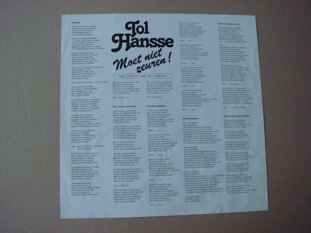 Tol Hansse Moet niet zeuren Vinyl LP, LP, Beschermende buitenhoes, Ophalen of Verzenden, Zo goed als nieuw