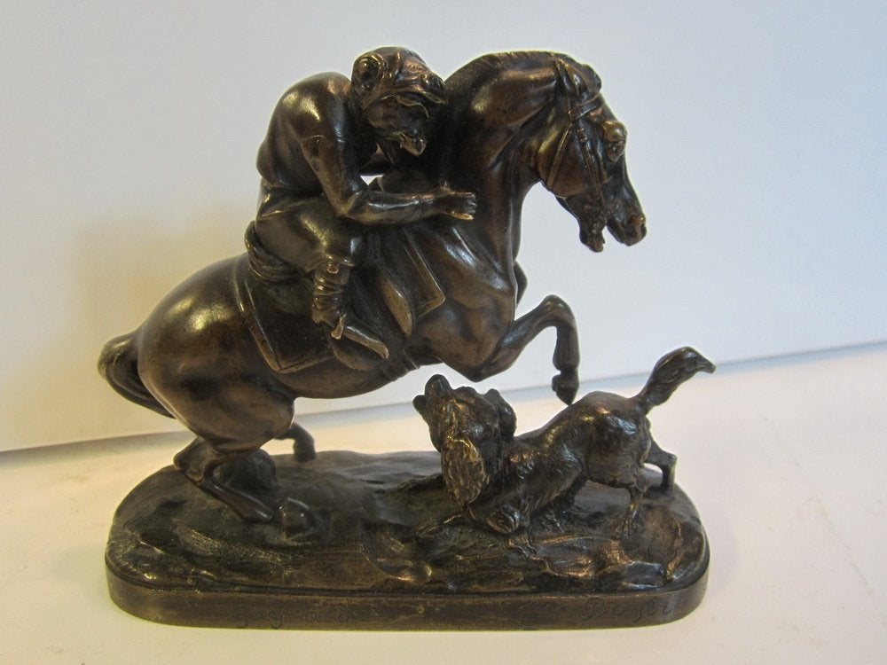 Antiek bronsje aap jockey op paard & hond, Gayrard, ca 1846, Antiek en Kunst, Minder dan 20 cm, Ophalen of Verzenden, Brons, Gemerkt