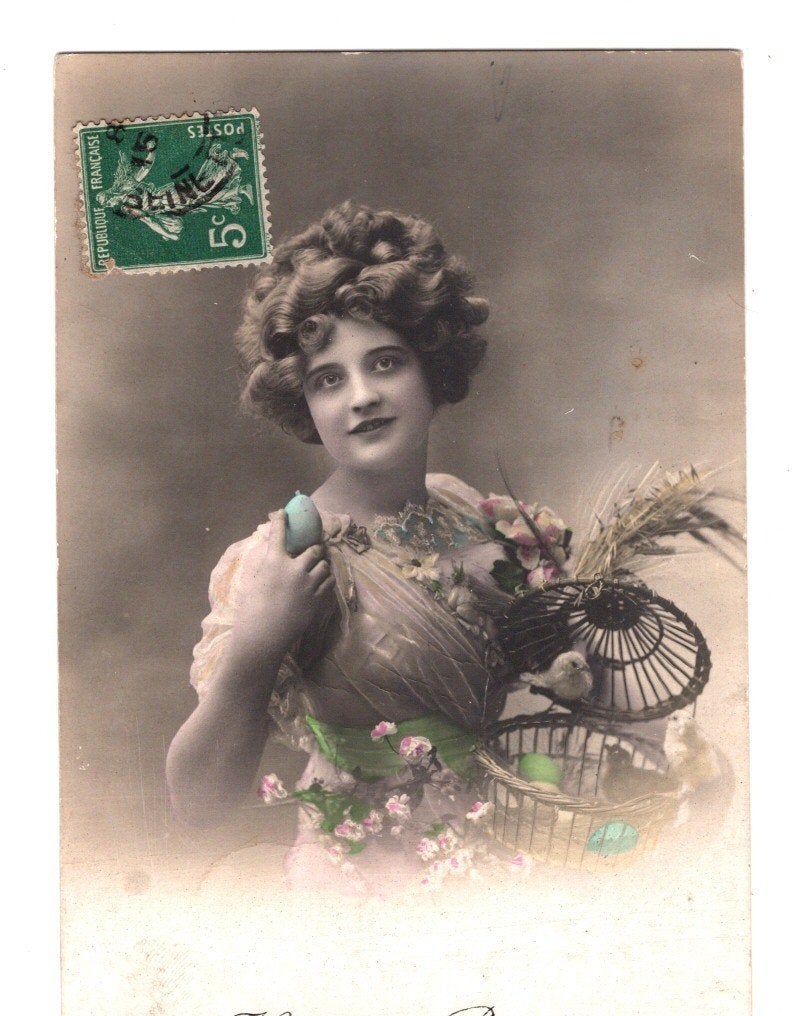 Oude Ansichtkaart Pasen Heureuses Pâques Vogelkooi, Ophalen of Verzenden, Voor 1920, Gelopen