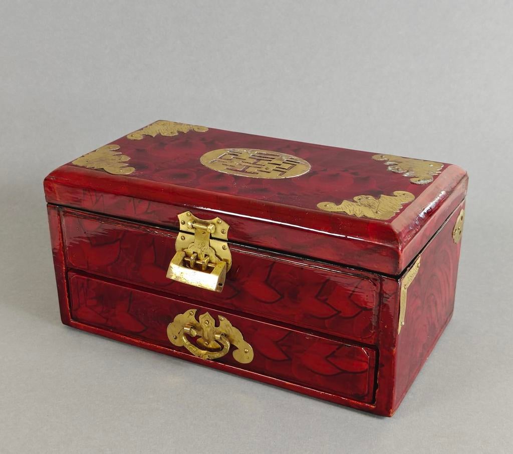 Vintage Chinees sieraden kistje, messing beslag, slot, Antiek en Kunst, Curiosa en Brocante, Ophalen of Verzenden