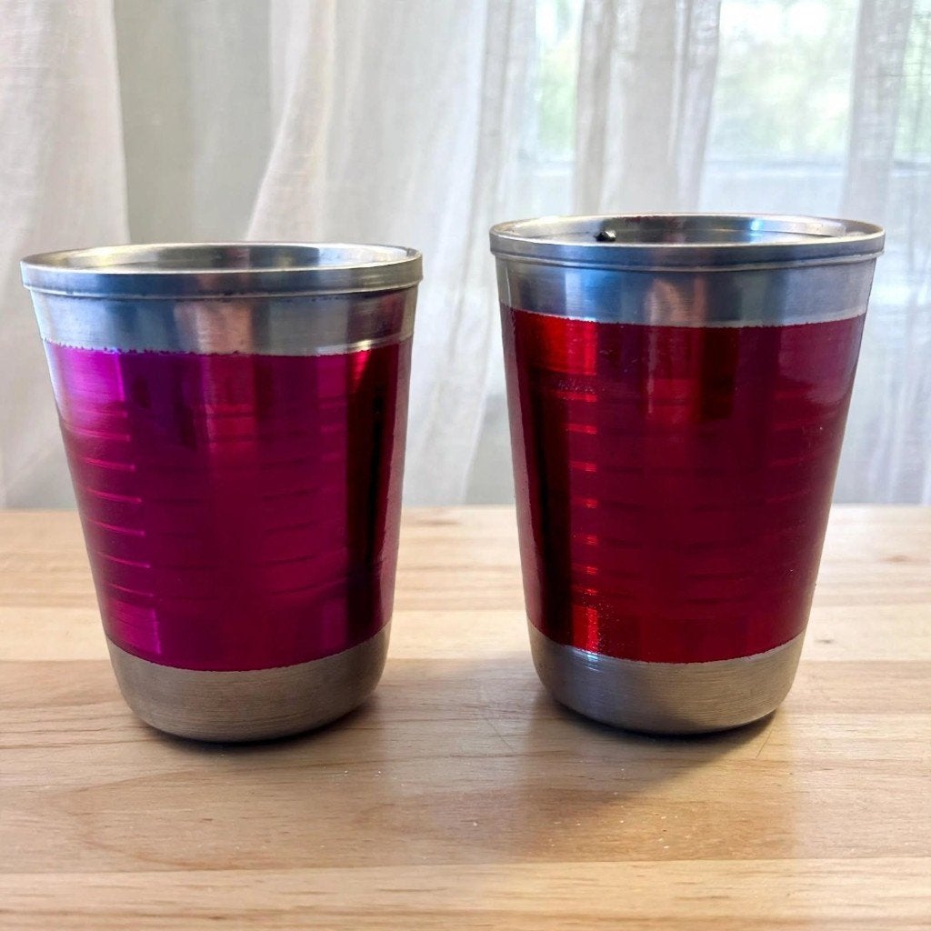 Vintage RVS Borrelbekers Set Rood & Fuchsia Roze - Jaren 70, Ophalen of Verzenden, Gebruikt