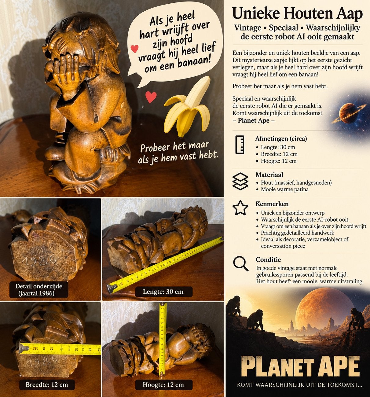 Unieke Houten Aap uit 1986 | Eerste AI robot? | Planet of th, Ophalen of Verzenden, Gebruikt