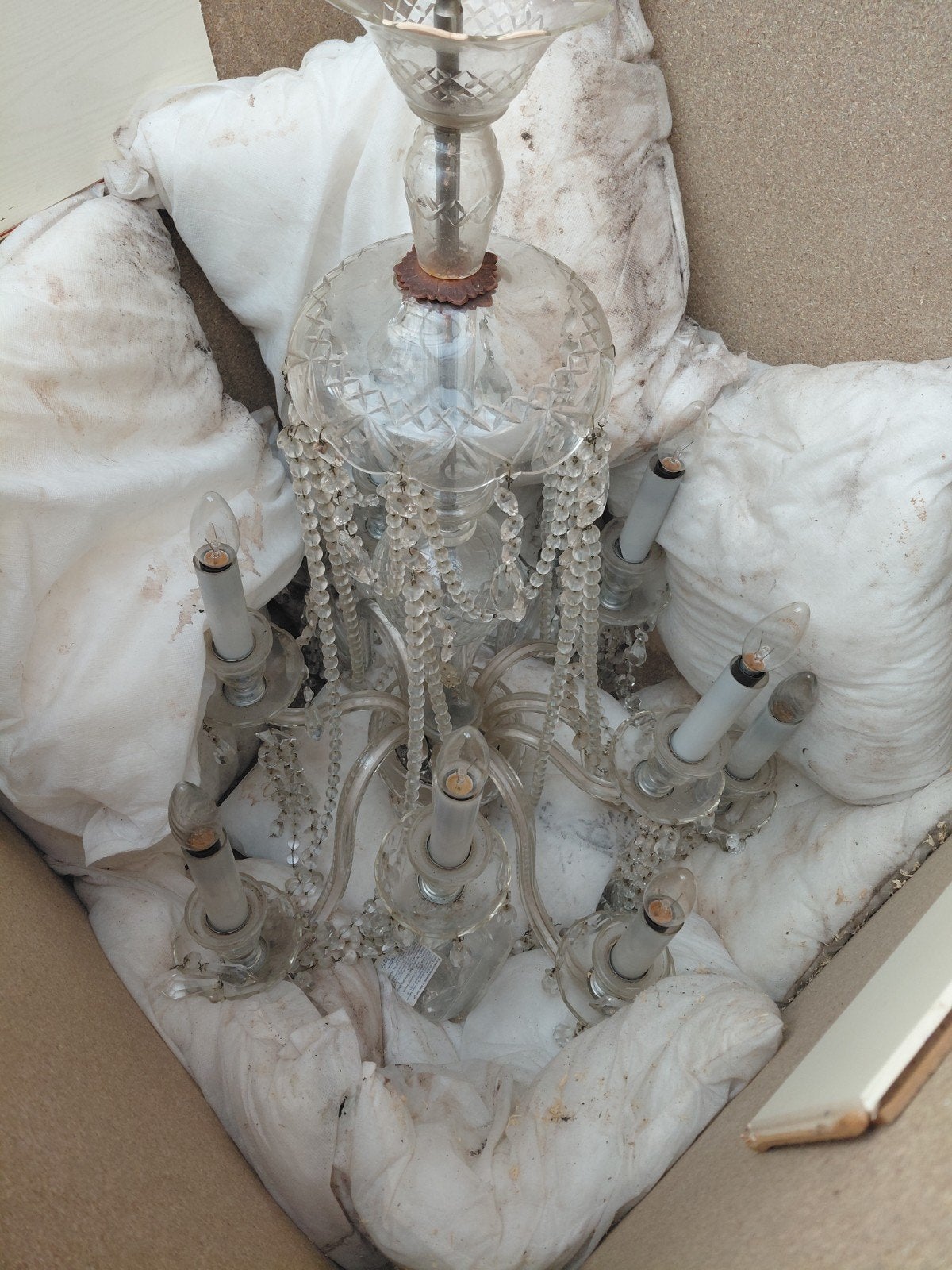 Vintage Glazen Kroonluchter met Kristallen, Huis en Inrichting, Lampen | Kroonluchters, Ophalen, Gebruikt, E14 (klein), Klassiek, Vintage, Antiek