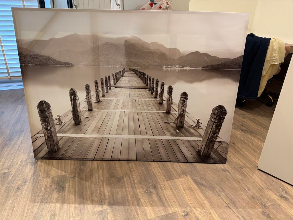 Prachtig Canvas Doek - Steiger aan Meer (Zwart-Wit), Ophalen, 100 tot 125 cm, 75 cm of meer, Print