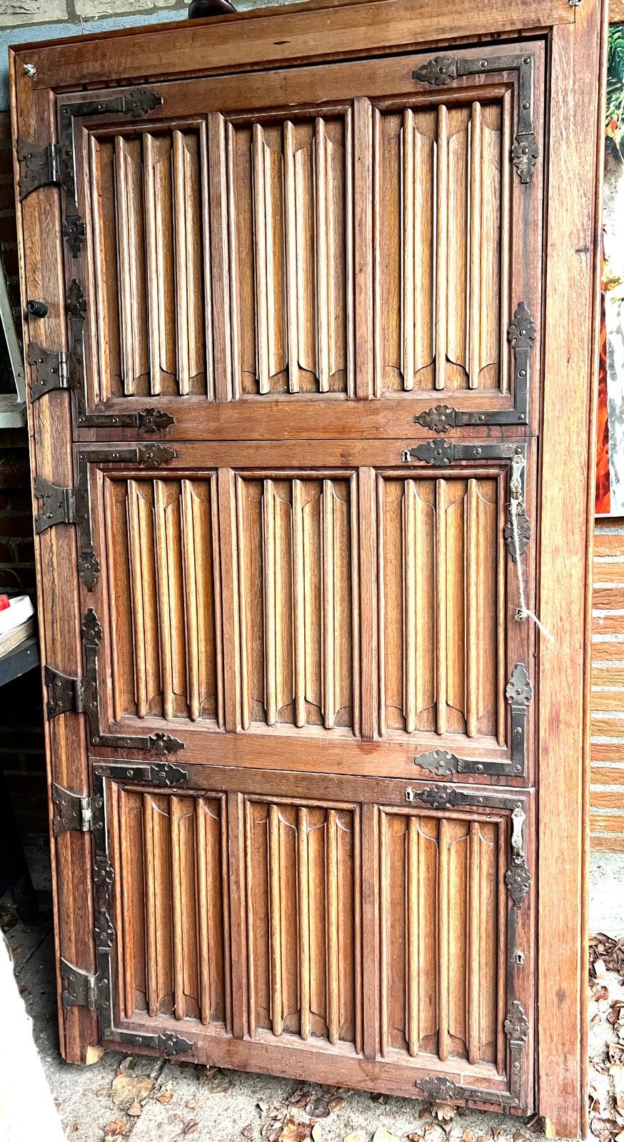 Antieke massieve eiken deur - smeedijzer hengen incl kozijn, Gebruikt, Binnendeur, Minder dan 200 cm, Hout