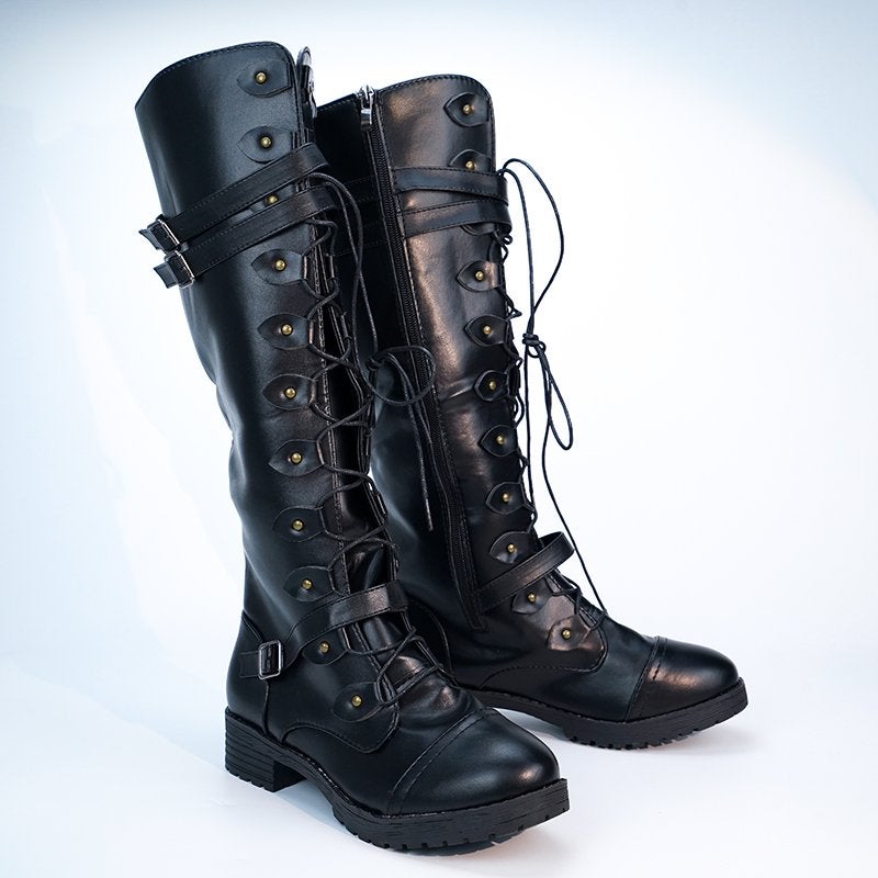 Zwarte leren hoge laarzen met veter en rits dames steampunk, Verzenden, Nieuw, Zwart, Hoge laarzen