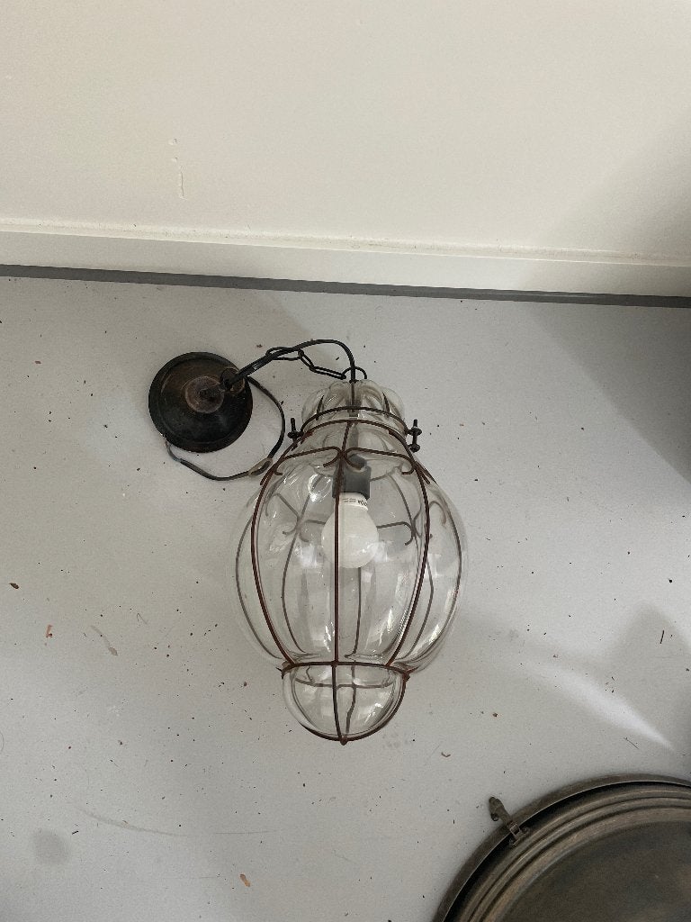 Hanglamp glas en staal, Ophalen, Gebruikt, Koloniaal, E27 (groot)