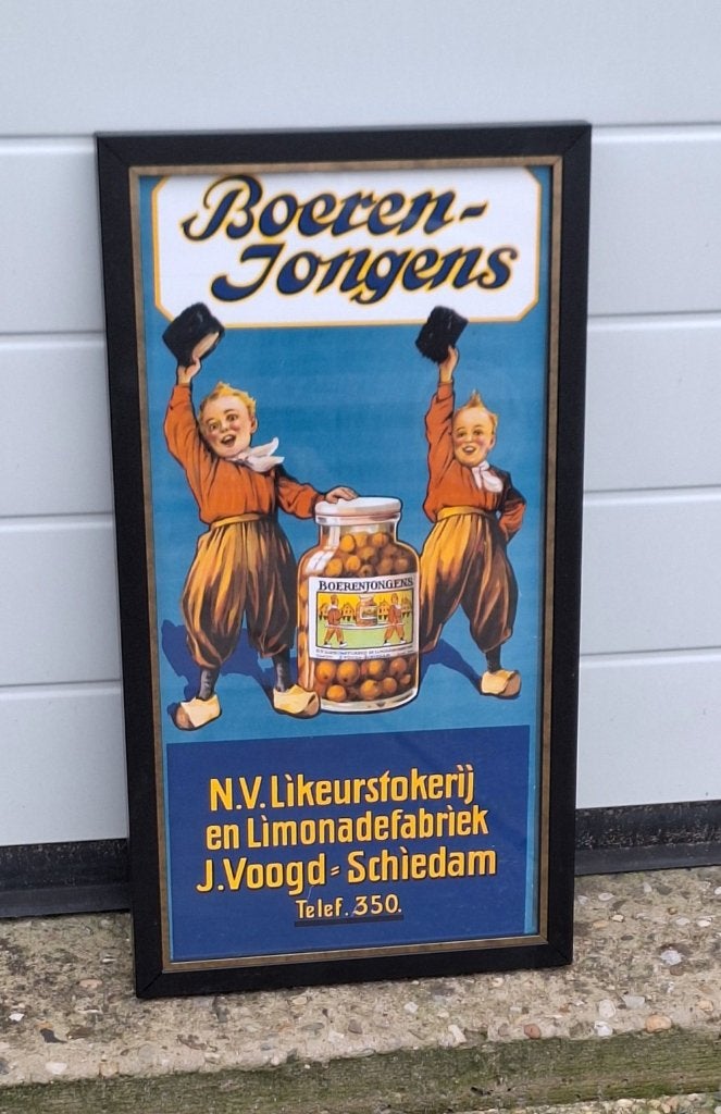 Reclame poster, affiche Boerenjongens likeur Schiedam., Ophalen, Reclamebord, Gebruikt, .