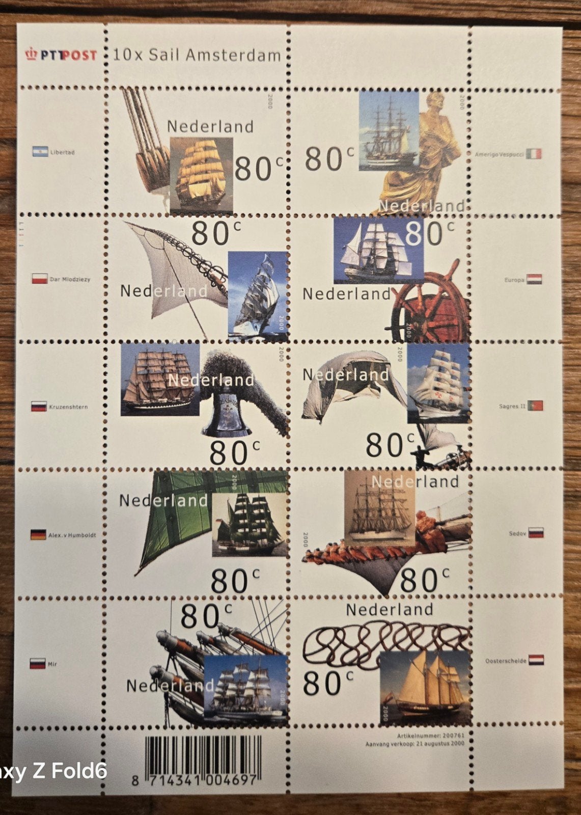 PTT Post 10x Sail Amsterdam Postzegels 2000, Postzegels en Munten, Postzegels | Nederland, Ophalen of Verzenden, Na 1940, Postfris