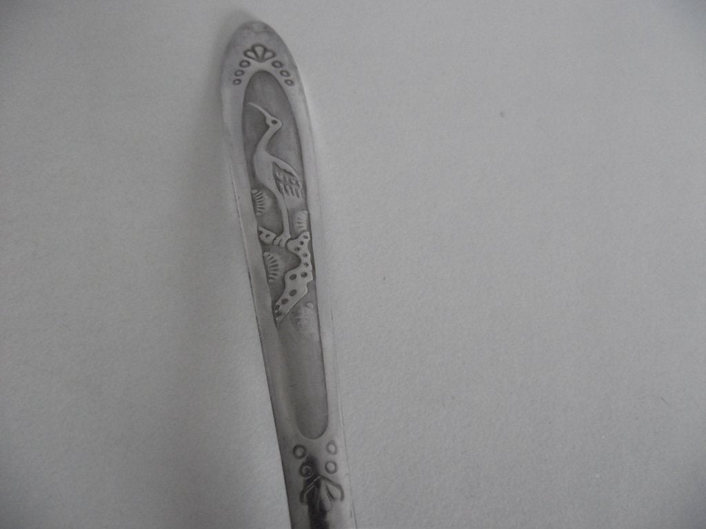 vintage geboortelepel RVS ooievaar lepel 17cm DDR Polen 1960, Ophalen of Verzenden, Gebruikt, Kraamcadeau