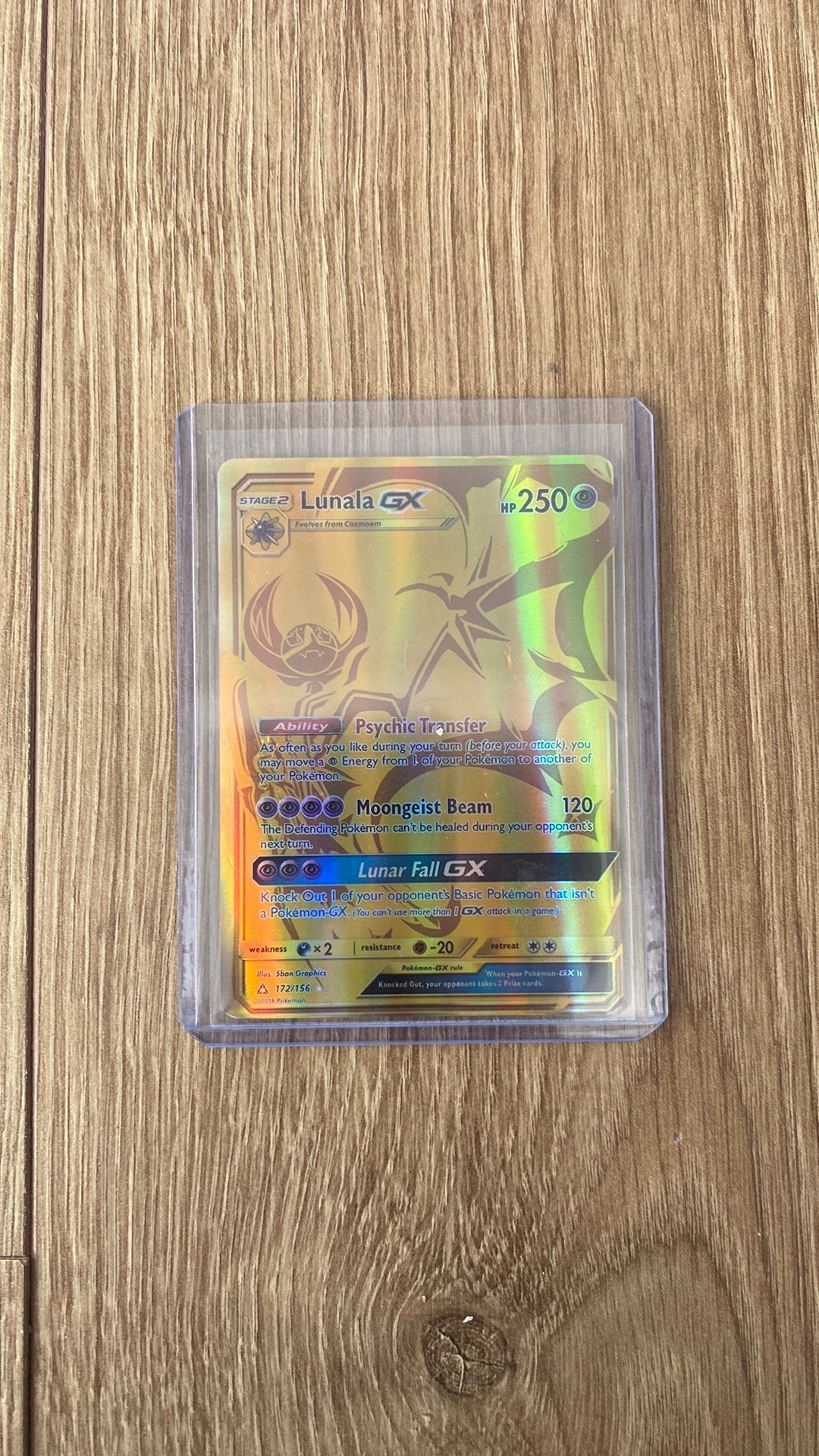 Pokémon Kaart Lunala GX Full Art Gold Foil, Ophalen of Verzenden, Zo goed als nieuw, Losse kaart, Foil