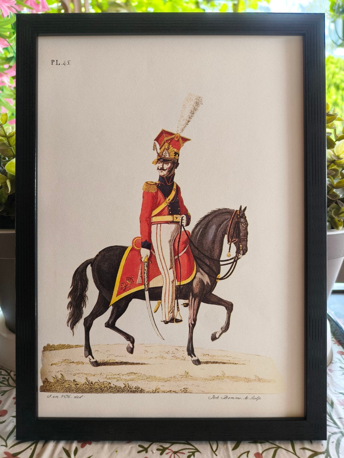 Antieke prent van een soldaat te paard, ingelijst, Ophalen of Verzenden