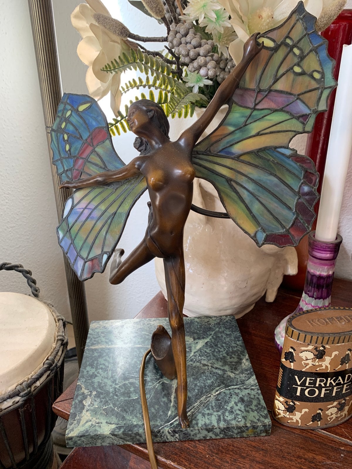 Art Nouveau Tiffany-stijl Bronzen Fee Lamp, Ophalen of Verzenden
