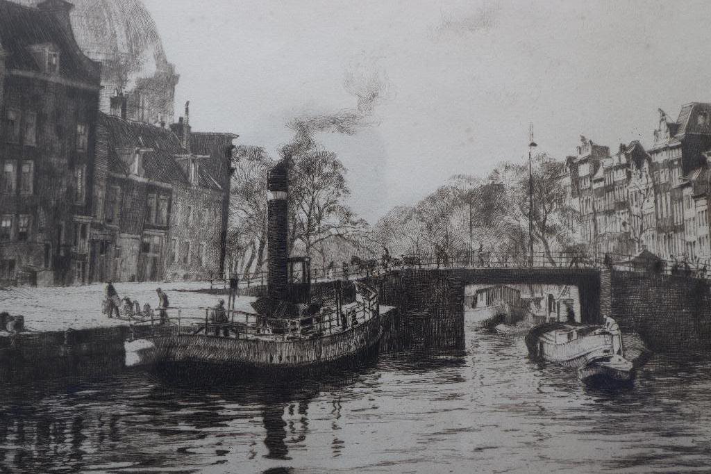 H.E. Roodenburg jaren 50 Ets "Amsterdam" in mooie lijst, Ophalen