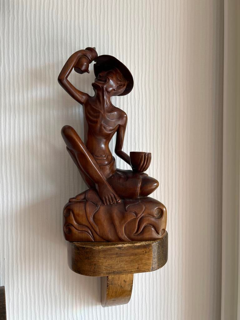 Balinees houten beeld van een man, 31,5 cm hoog, Antiek en Kunst, Kunst | Beelden en Houtsnijwerken, Ophalen, Handgemaakt, 20 - 50 cm