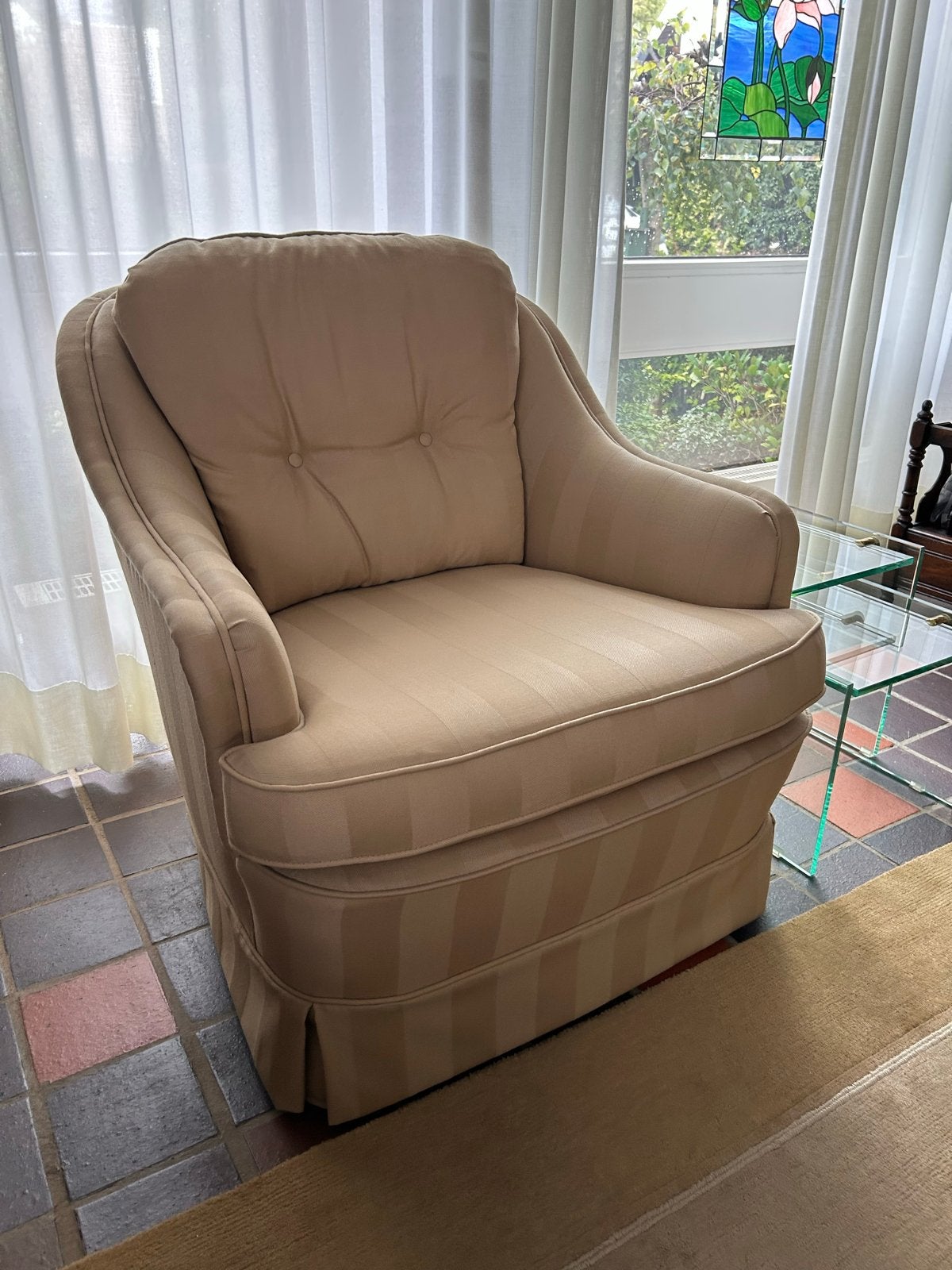 Comfortabele fauteuil - Beige gestreepte stof, Huis en Inrichting, Ophalen, Gebruikt, Stof, 75 tot 100 cm