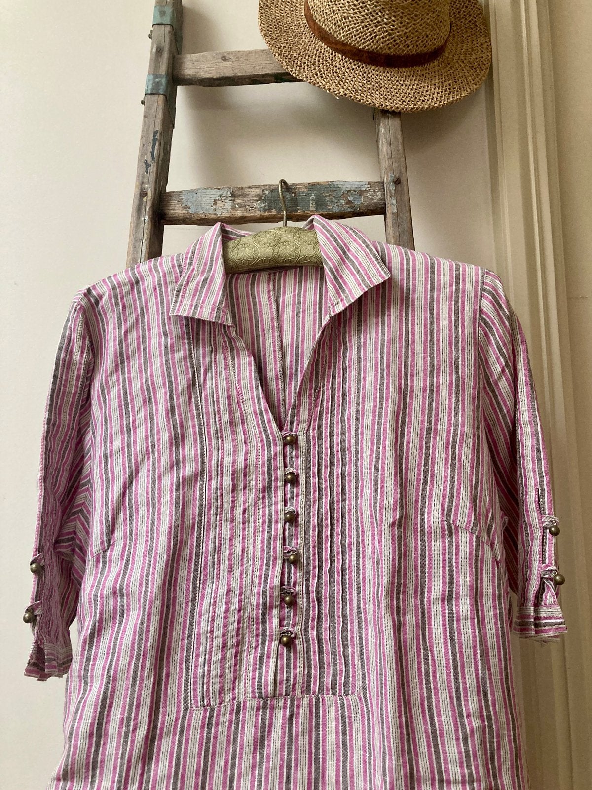 Ottomaanse strandponcho roze beige ecru overhemdkraag knopen, Ophalen of Verzenden, Zo goed als nieuw, Roze, Onder de knie