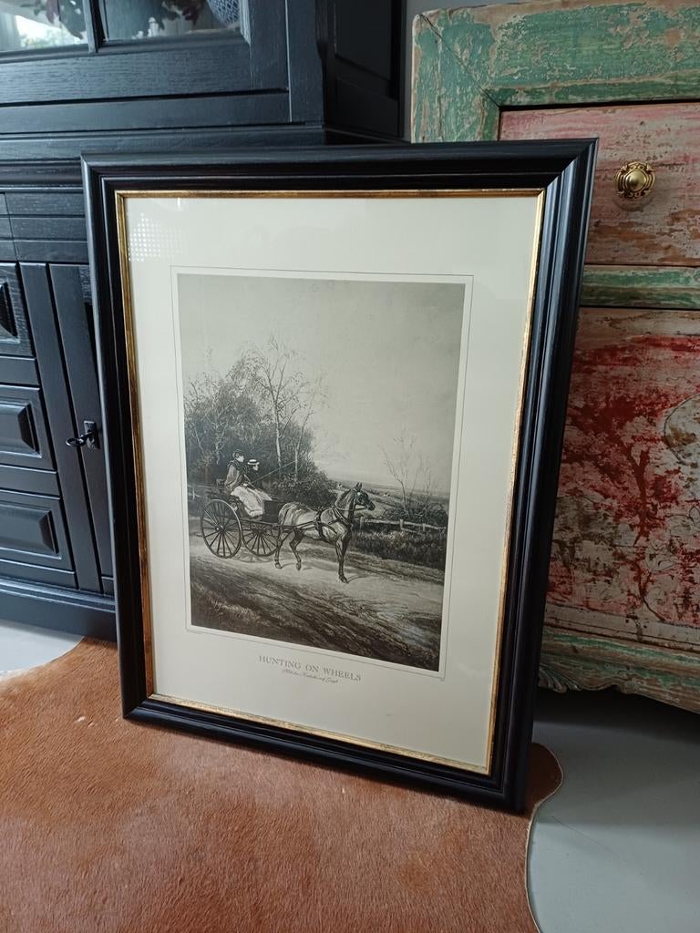 Klassieke prent 'Hunting on Wheels' in lijst, Flamant stijl, Antiek en Kunst, Ophalen, Ingelijst