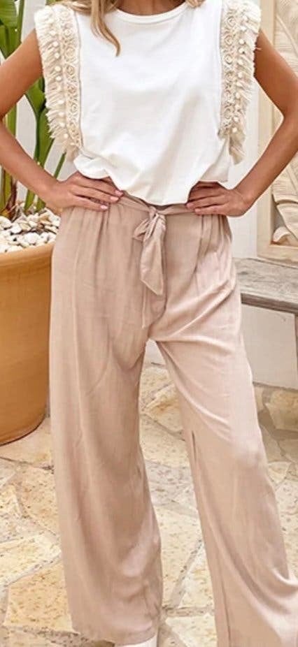 Set van Bohemian Fringe Top Ecru Beige met Linnen Broek, Maat 38/40 (M), Beige, Nieuw, Ophalen of Verzenden
