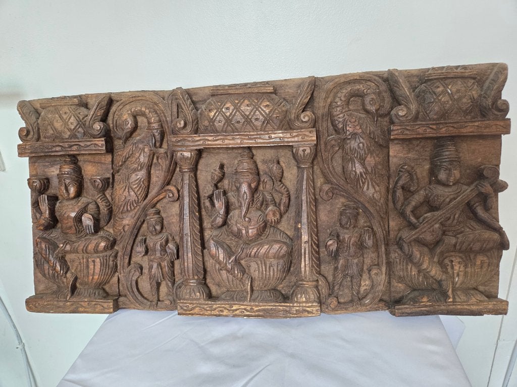 Ganesha Wooden Wall Hanging Panel Sculpture Hindu hout, Antiek en Kunst, Kunst | Niet-Westerse kunst, Ophalen of Verzenden, Overige typen