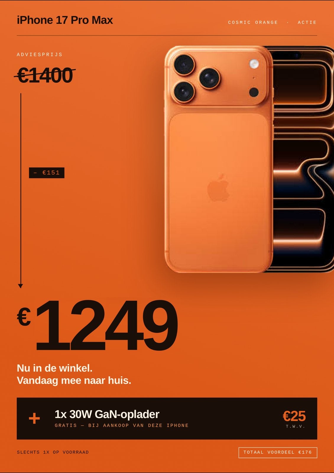 iPhone 17 Pro Max 256GB Nieuw Oranje + Gratis Accessoires, Telecommunicatie, Overige modellen, Nieuw, Zonder simlock, Ophalen