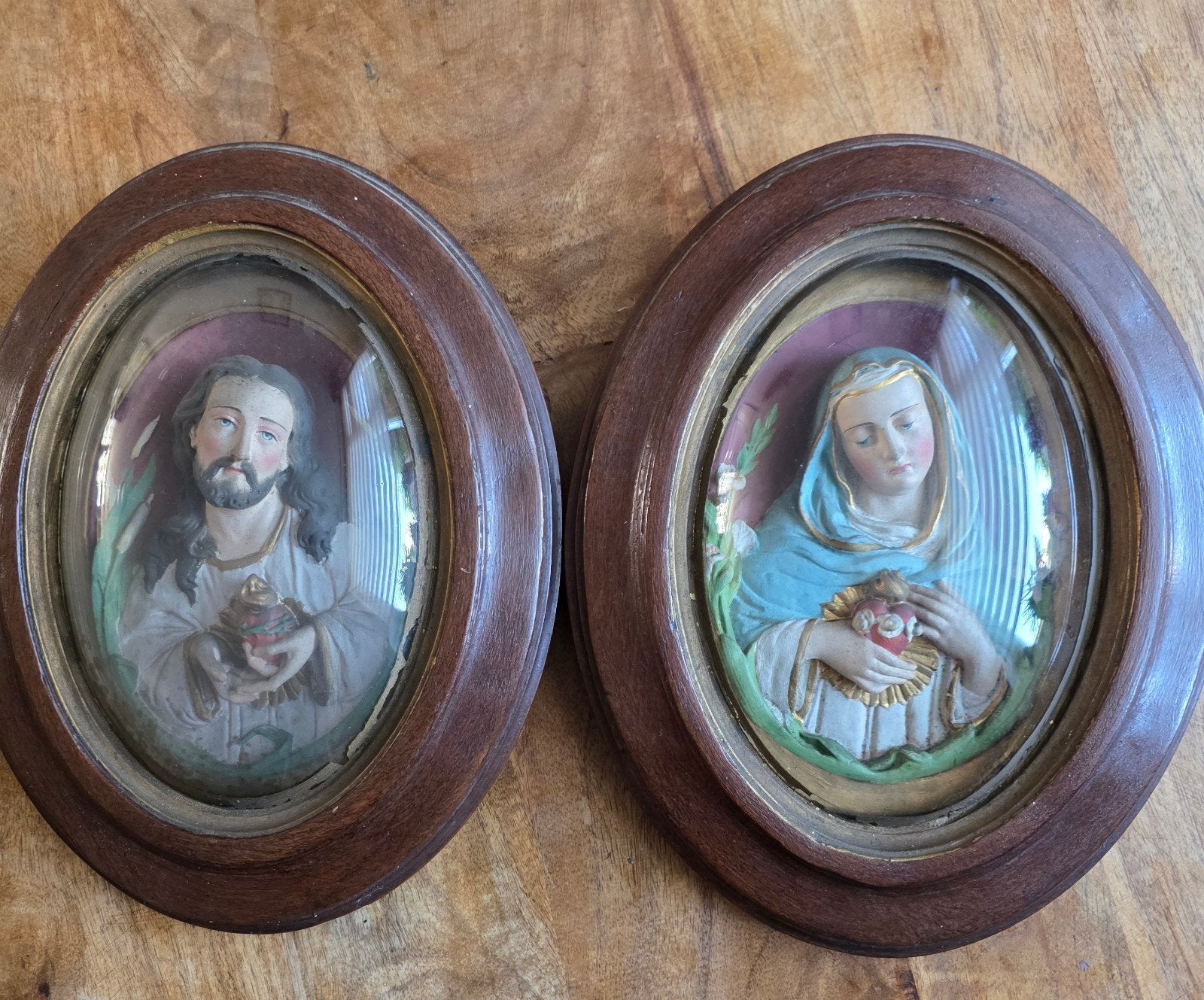 2 grote gekleurde MEERSCHUIM kaders / JEZUS - MARIA, Ophalen of Verzenden