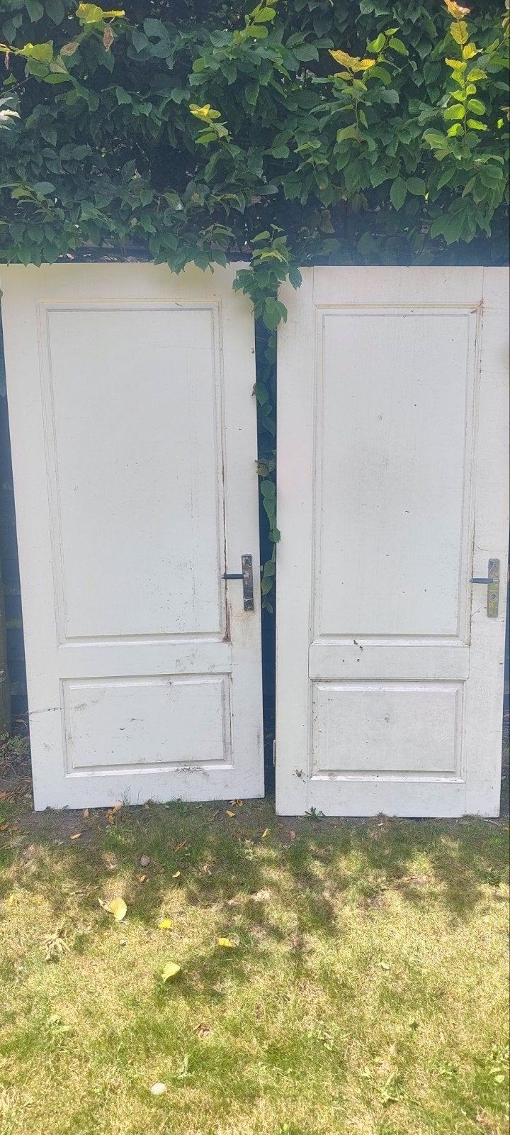 Set van 2 Vintage Paneeldeuren - Wit Hout (Merbau), Ophalen, Gebruikt, Binnendeur, 200 tot 215 cm