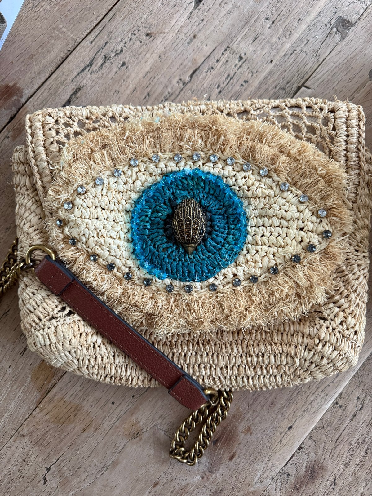 Stro tasje met 'evil eye' detail - Kurt Geiger, Ophalen of Verzenden, Zo goed als nieuw, Beige, Schoudertasje