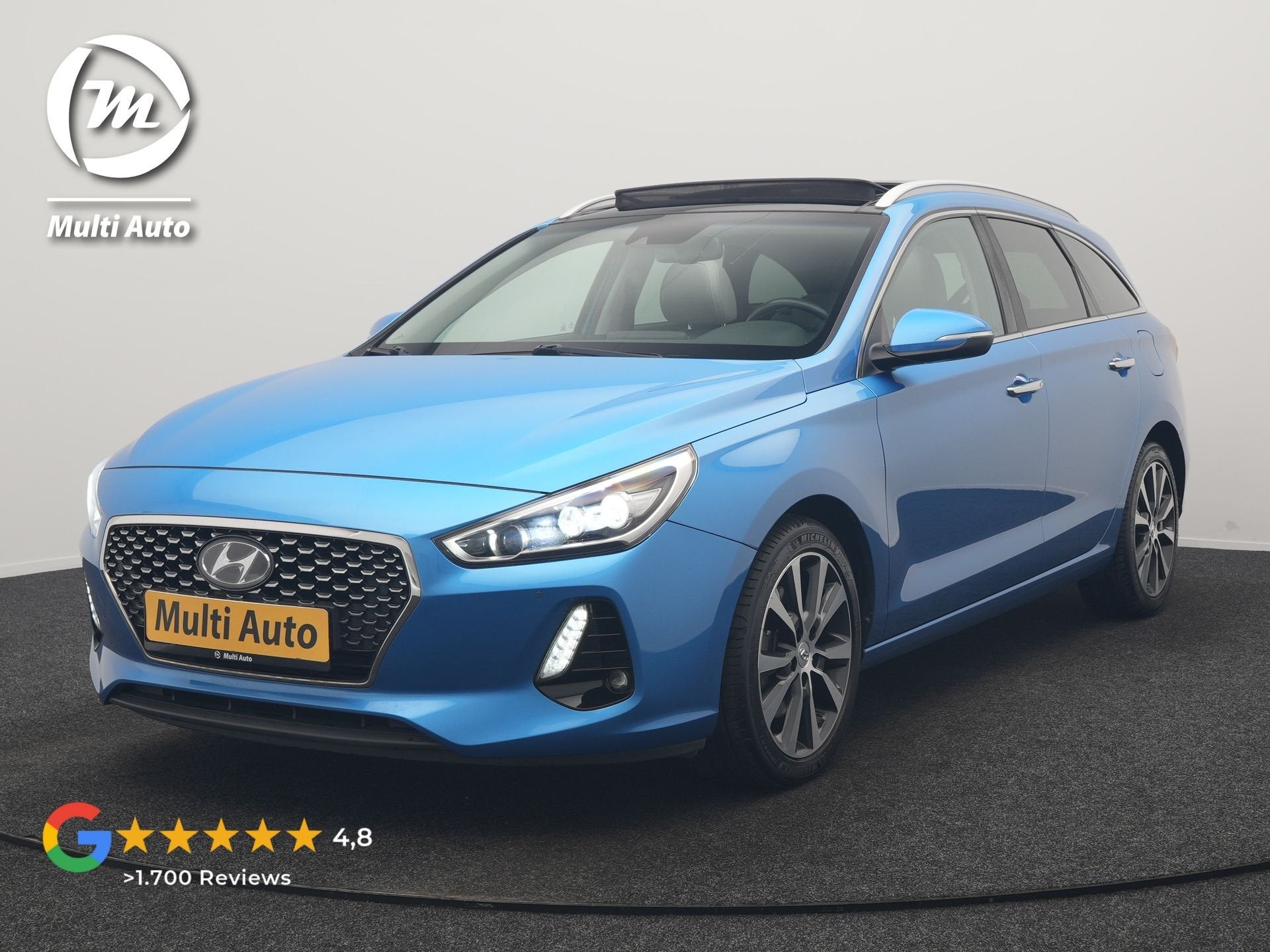 Hyundai i30 Wagon 1.4 T-GDI Premium 141pk | Panodak | Adapti, Auto's, 4 cilinders, Blauw, Automatische klimaatregeling, Leder