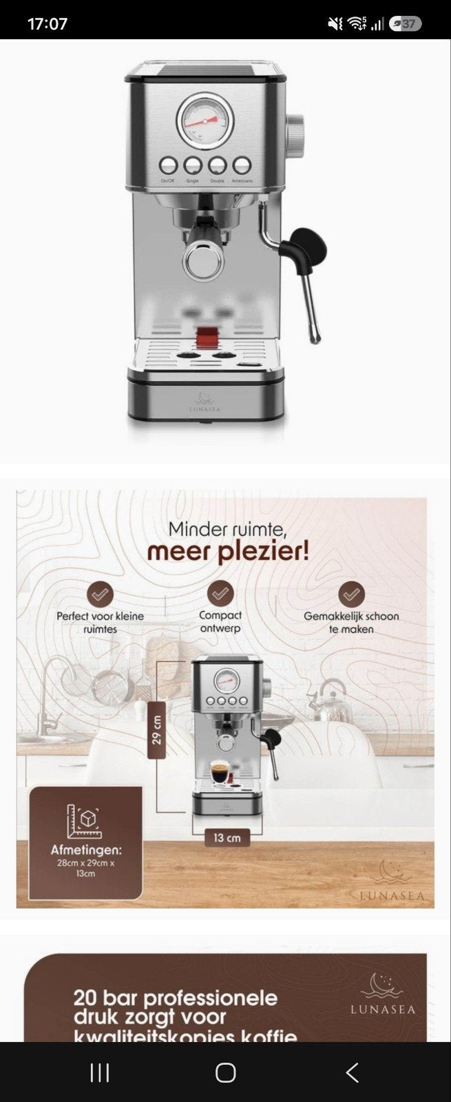 Lunasea Espresso Apparaat20 Bar Druk - 1.8L Waterreservoir, Espresso apparaat, 10 kopjes of meer, Gemalen koffie, Ophalen of Verzenden
