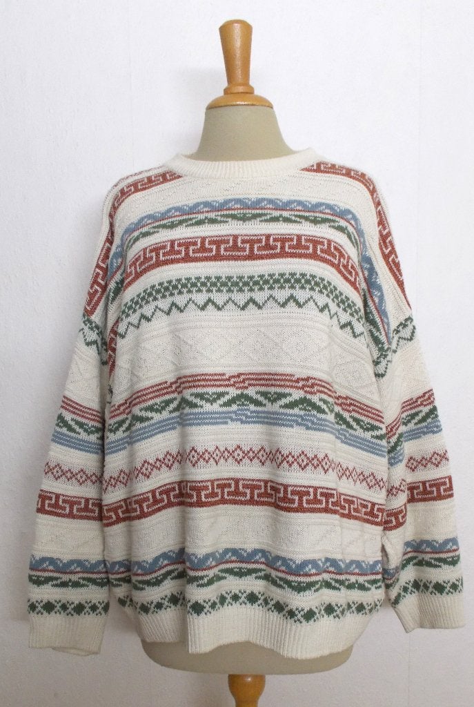 Vintage 100% katoenen beige unisex print trui! XL/XXL, Kleding | Dames, Verzenden, Zo goed als nieuw, Maat 46/48 (XL) of groter