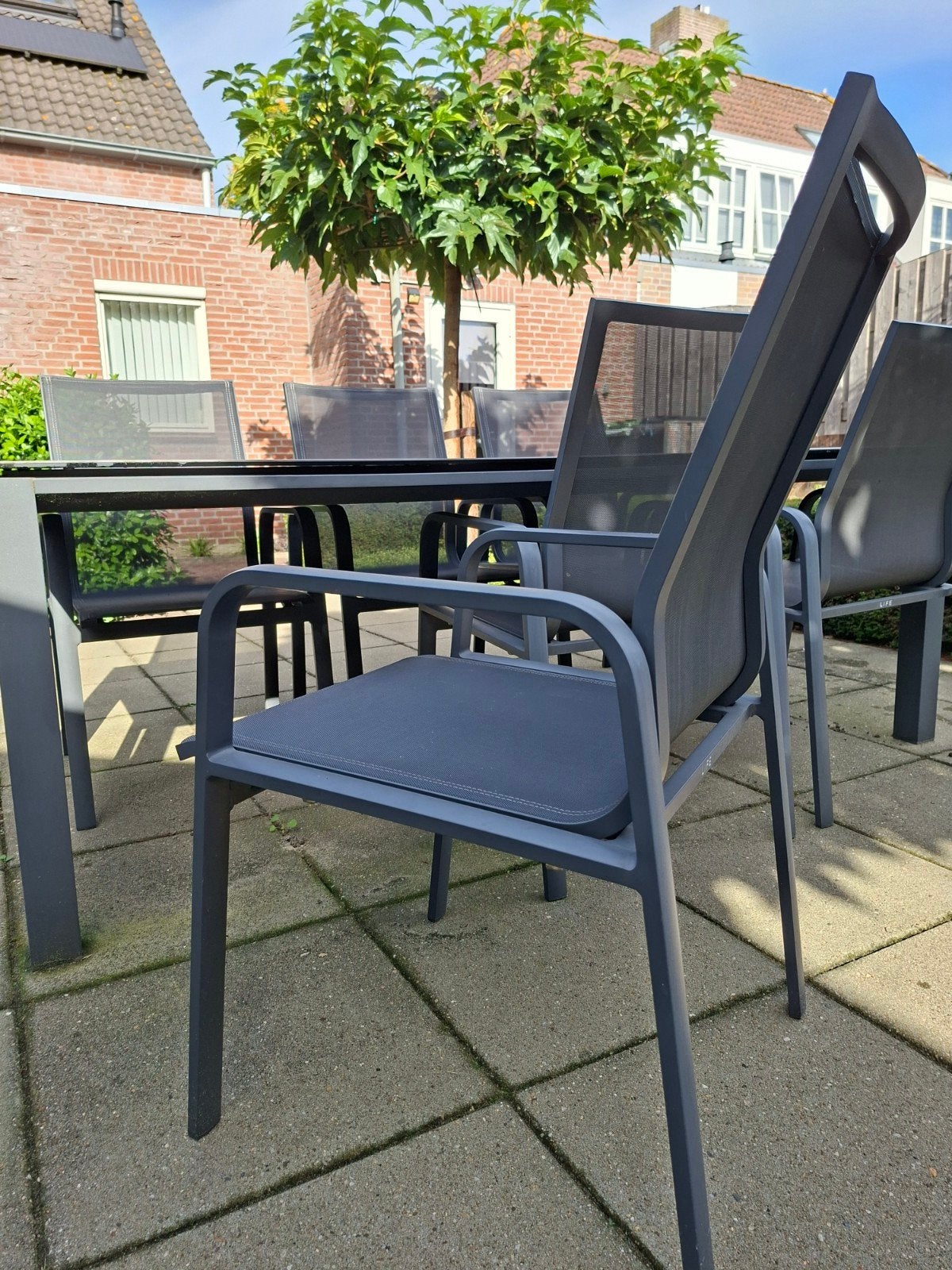 LIFE Tuintafel 210x90cm met 6 stoelen - Zo goed als nieuw, Tuin en Terras, Ophalen, Eettafel, 6 zitplaatsen, Aluminium