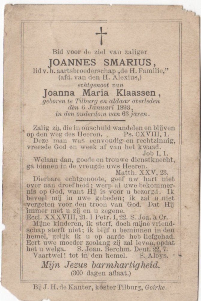 Joannes Smarius 1829 Tilburg + 1893 Tilburg, 63 jaar oud, Ophalen of Verzenden