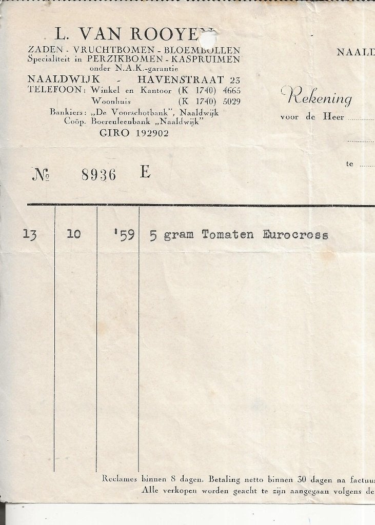 Naaldwijk L van Rooyen Tomaten-Zaden Nota voor Nic Enthoven, Ophalen of Verzenden, 1940 tot 1960, Gelopen, Zuid-Holland