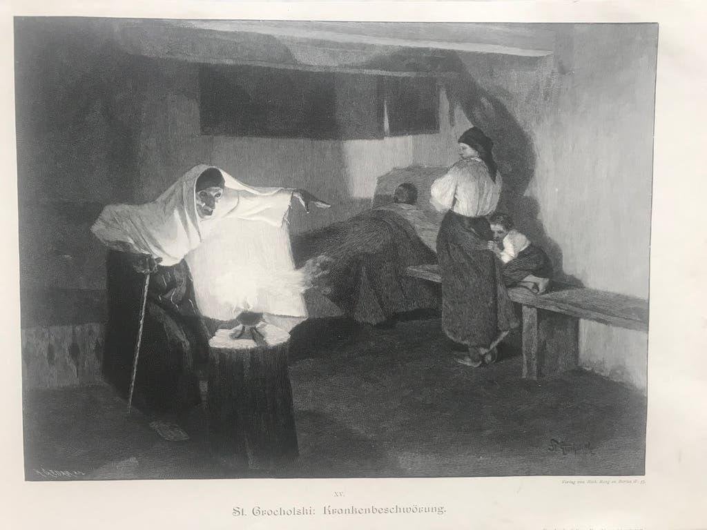 Grocholski, St.: Krankenbeschwörung, 1890, gravure, 32x23cm., Origineel, Dagelijks leven, 1800 - 1899, Ophalen of Verzenden