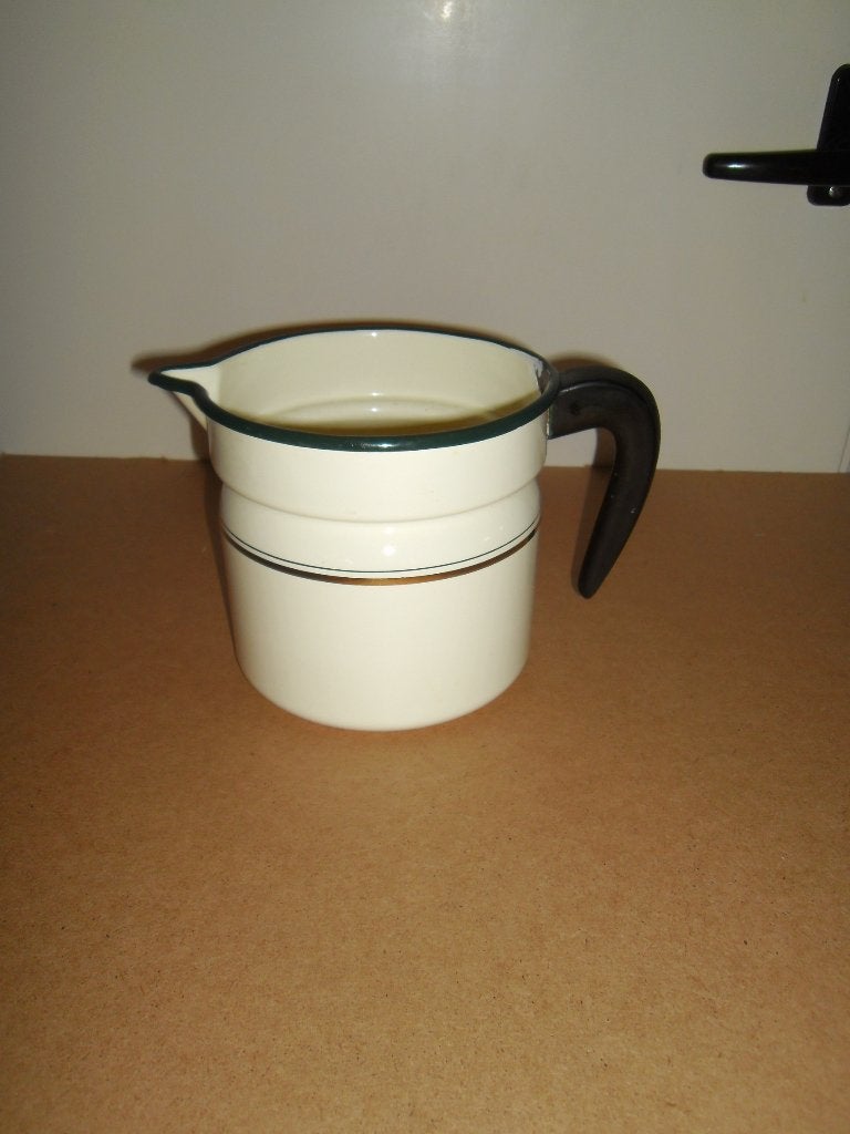 Oude emaille melkkoker,bakeliet,groene rand,zware kwaliteit, Ophalen of Verzenden