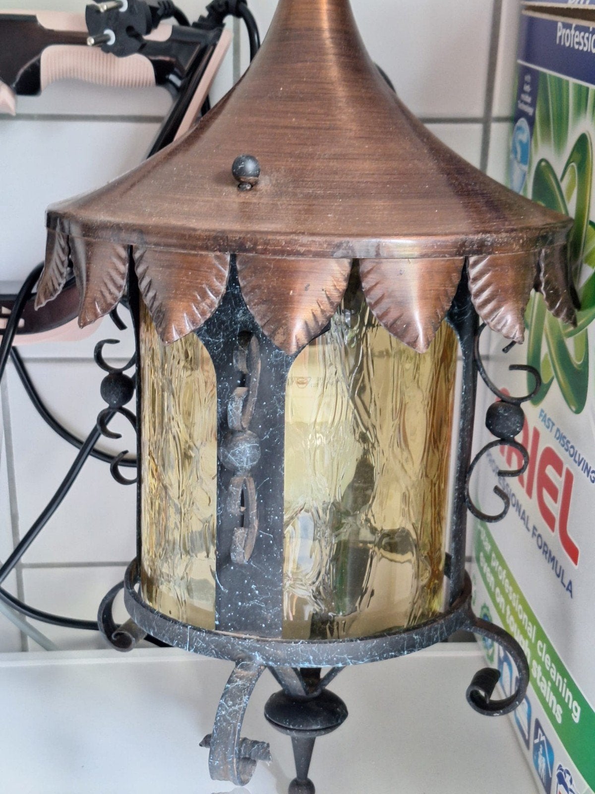 Vintage Hanglamp Brons/Koper met Amberkleurig Glas, Ophalen of Verzenden