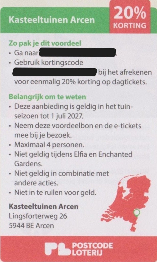 Kasteeltuinen Arcen. 20% korting Postcodeloterij voordeelbon, Tickets en Kaartjes, Drie personen of meer, Kortingskaart
