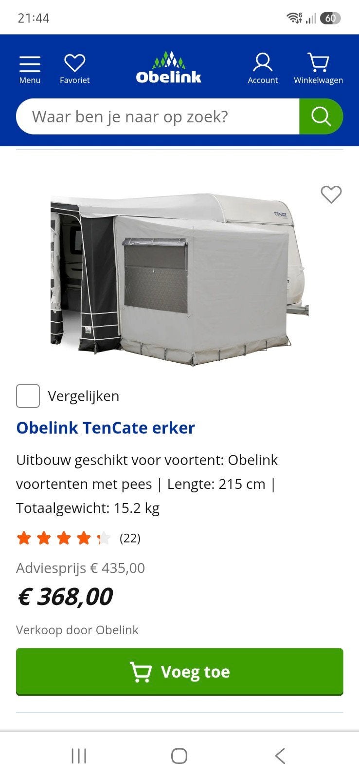 Obelink TenCate erker uitbouw voor voortent, Ophalen, Zo goed als nieuw, Ten Cate All Season 200g/m2, Overige merken