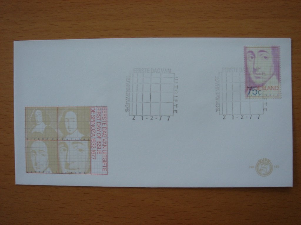 NVPH E155  1e Dag-enveloppe 1977 Baruch de Spinoza 1632, Ophalen of Verzenden, Onbeschreven, Nederland