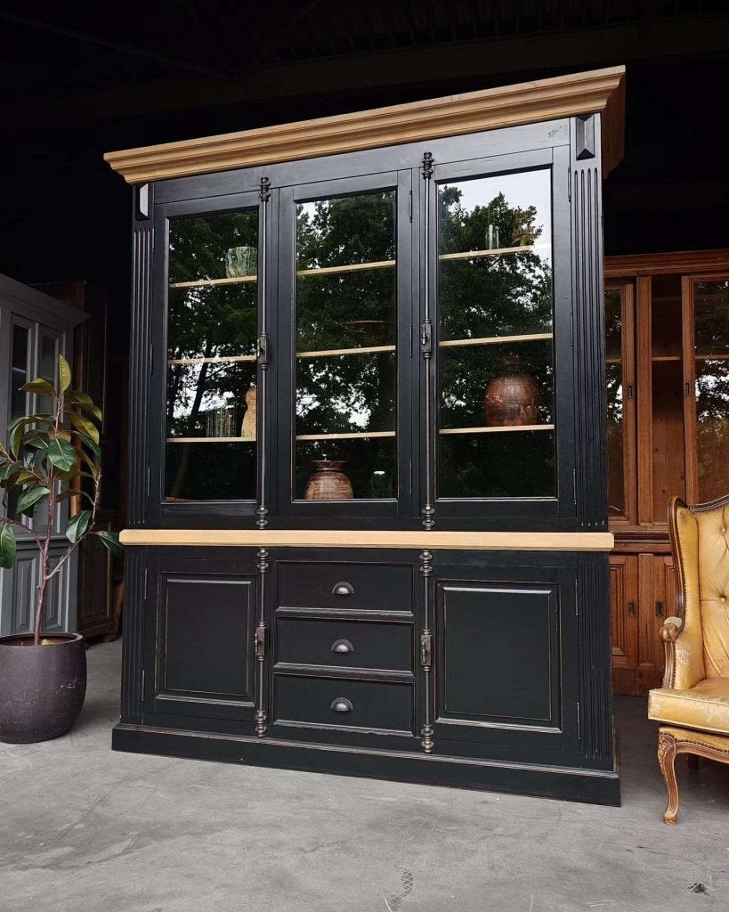 Prachtige klassieke buffetkast | Zwart / eiken vitrine #4117