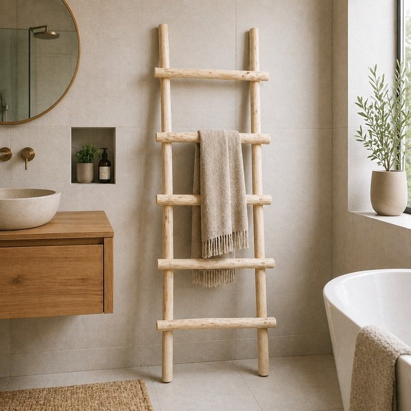 Decoratie Trap Ladder van Teak Hout Naturel 5 Treden 150 cm, Info@dehanzeherten.nl, Nieuw, Ophalen of Verzenden, Ladder