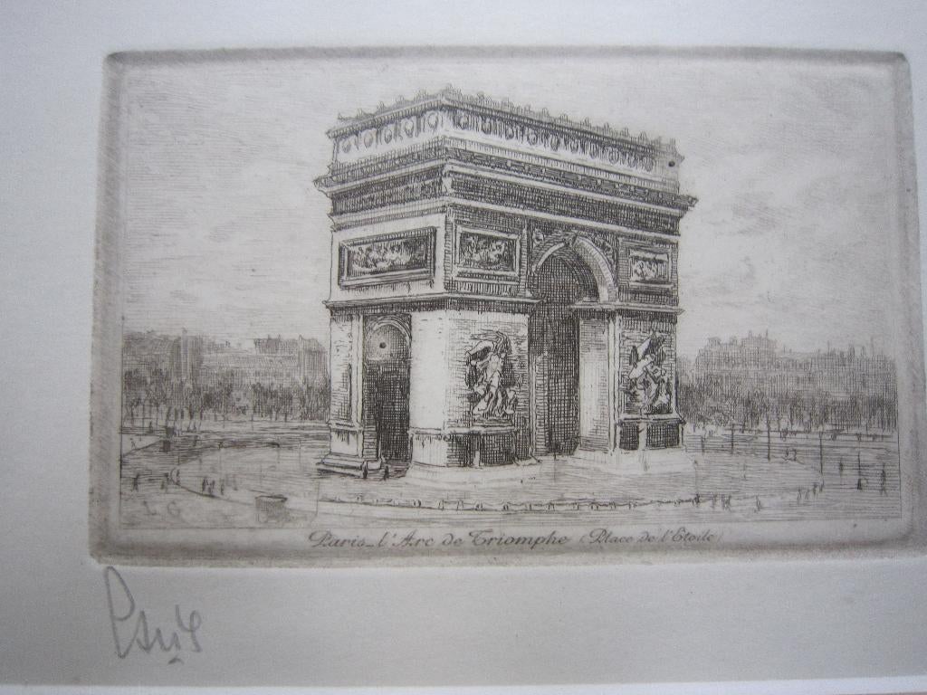 Parijs, Mooie a.n ets Arc de Triomph, Ophalen of Verzenden, Ets