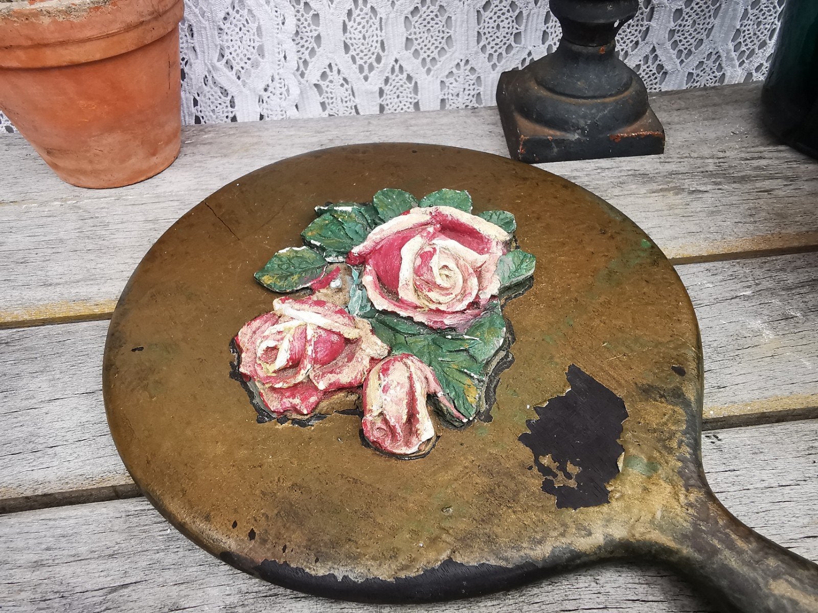 Antieke handspiegel toiletspiegel prachtig met roosjes Miekj, Antiek en Kunst, Curiosa en Brocante, Ophalen of Verzenden