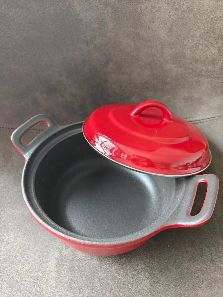 BK gietijzeren braadpan met deksel - rood - 20cm, Gietijzer, Ophalen of Verzenden, Zo goed als nieuw, Keramische plaat
