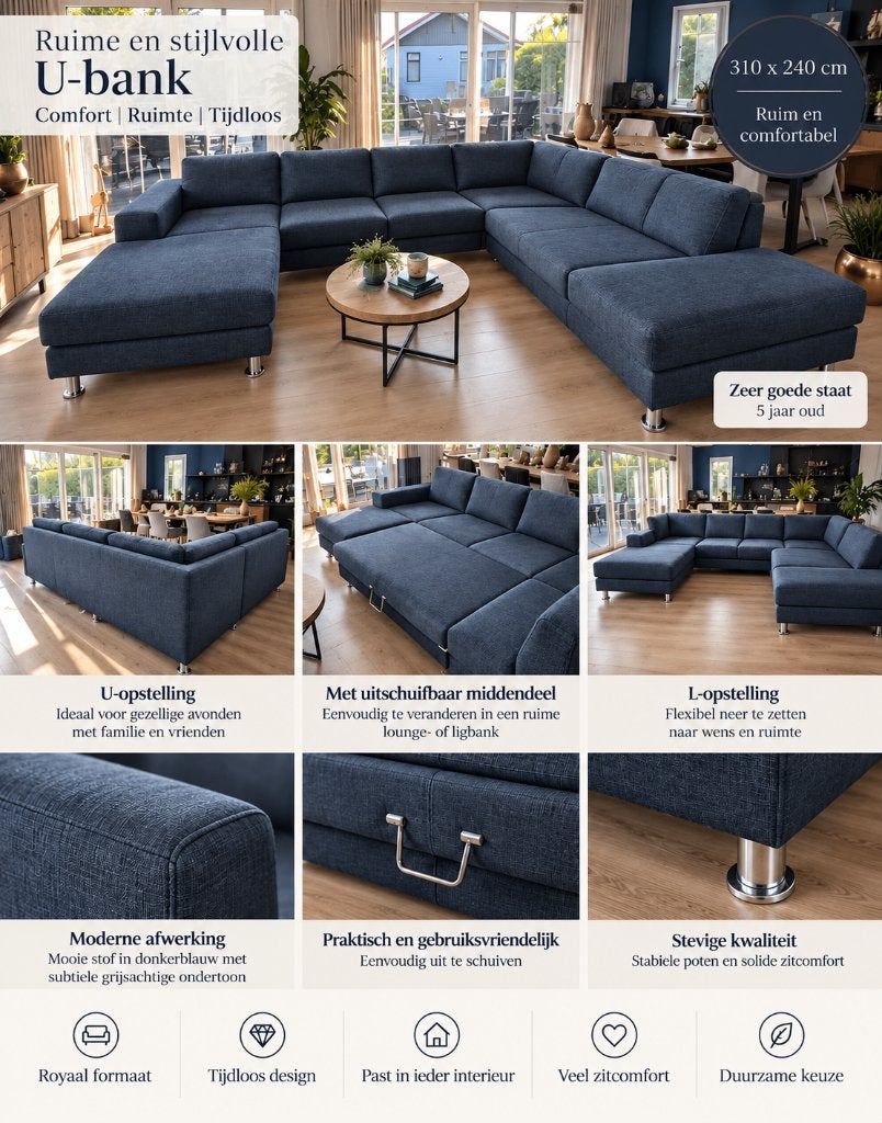 Donkerblauwe U-bank 310x240 cm, Huis en Inrichting, Banken | Bankstellen, Ophalen, Gebruikt, Modern / tijdloos, Hoekbank
