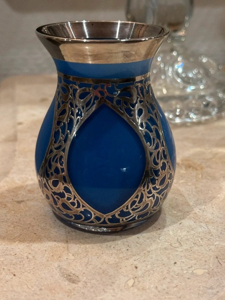 Antiek Josephinenhütte blauw glazen vaasje met 925 zilveren, Antiek en Kunst, Ophalen of Verzenden, Zilver
