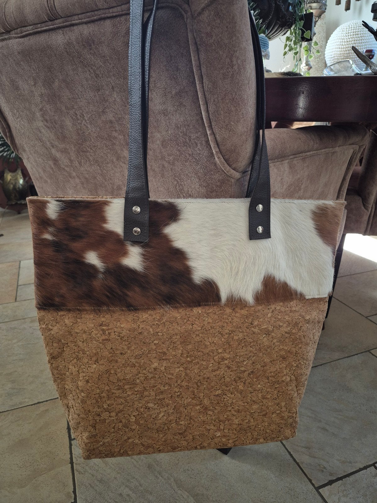 Stijlvolle Shopper Tas met Kurk en Koeienhuid, Ophalen of Verzenden, Zo goed als nieuw, Bruin, Shopper