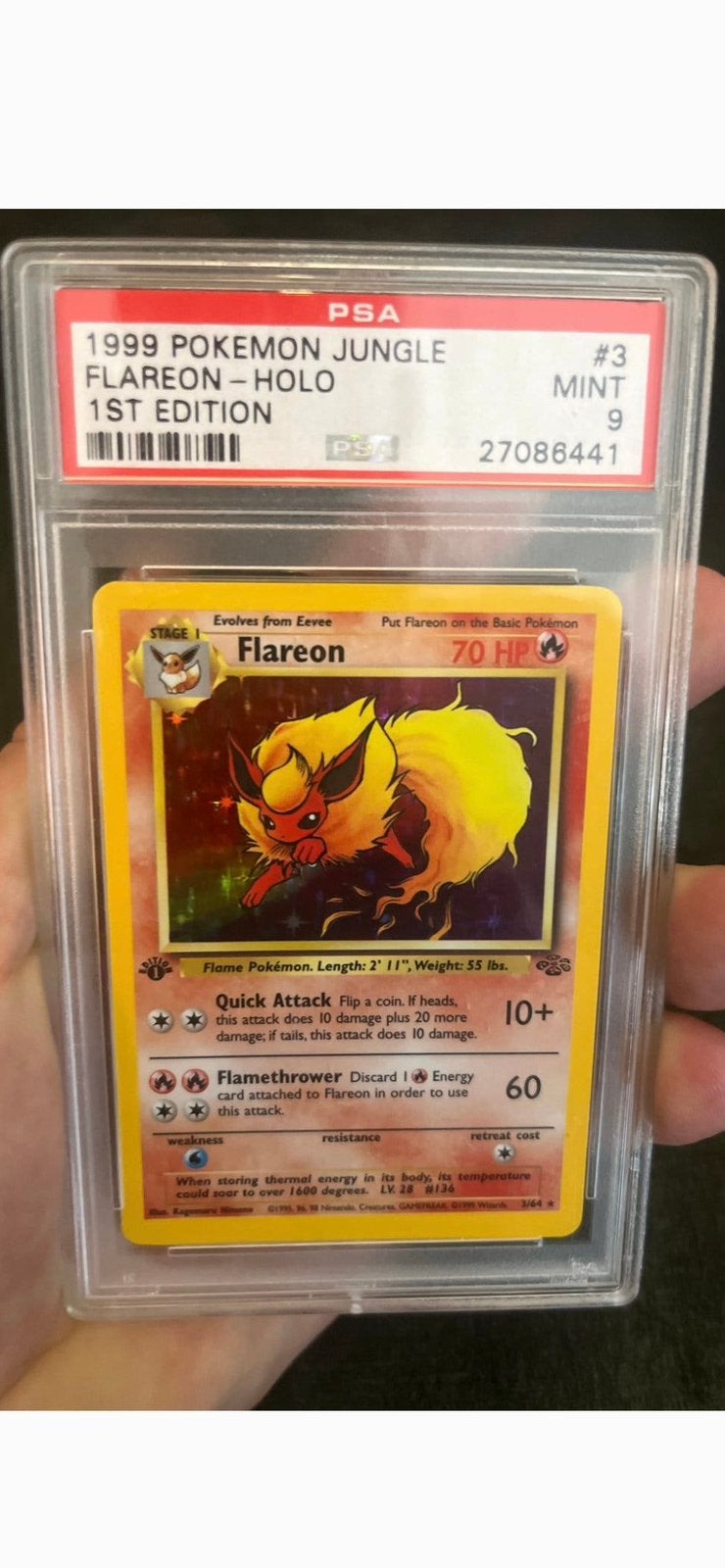 PSA 9 Flareon Holo 1st Edition Jungle Pokémon Kaart, Ophalen, Zo goed als nieuw, Losse kaart, Foil