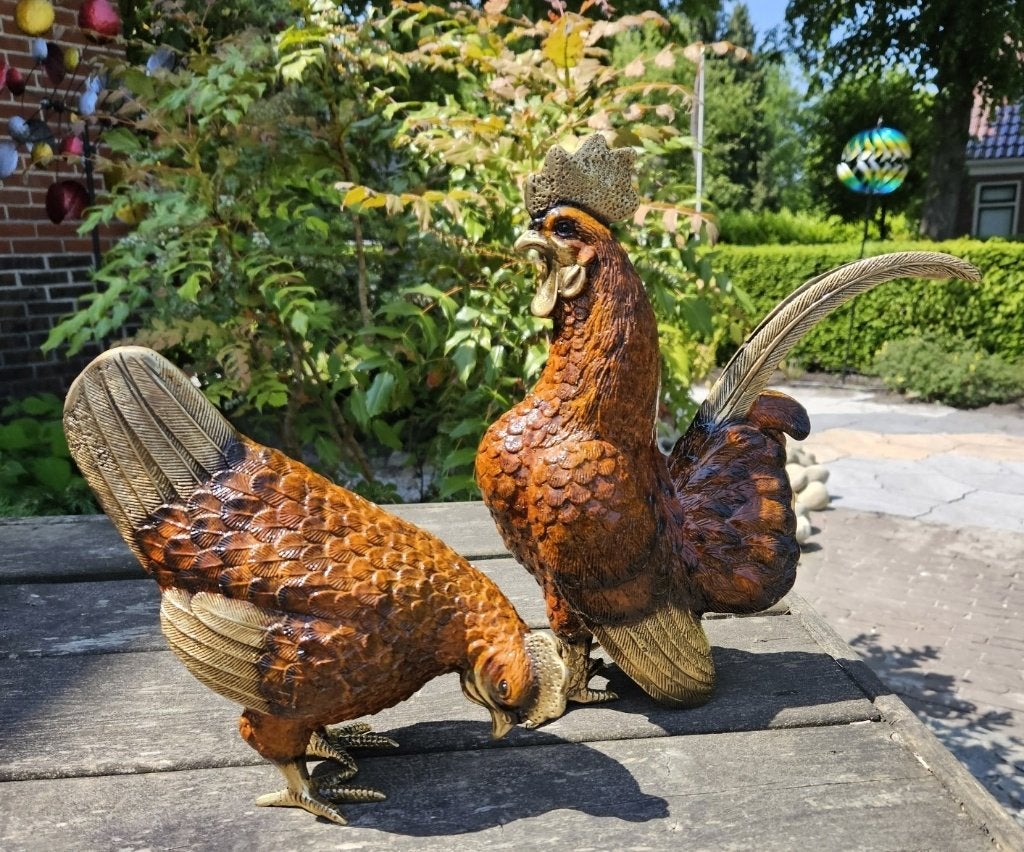 Haan en Hen / brons / tuinbeelden / kippen, Dierenbeeld, Nieuw, Info@huisentuindecoratiemarie.nl, Huis en tuin decoratie marie